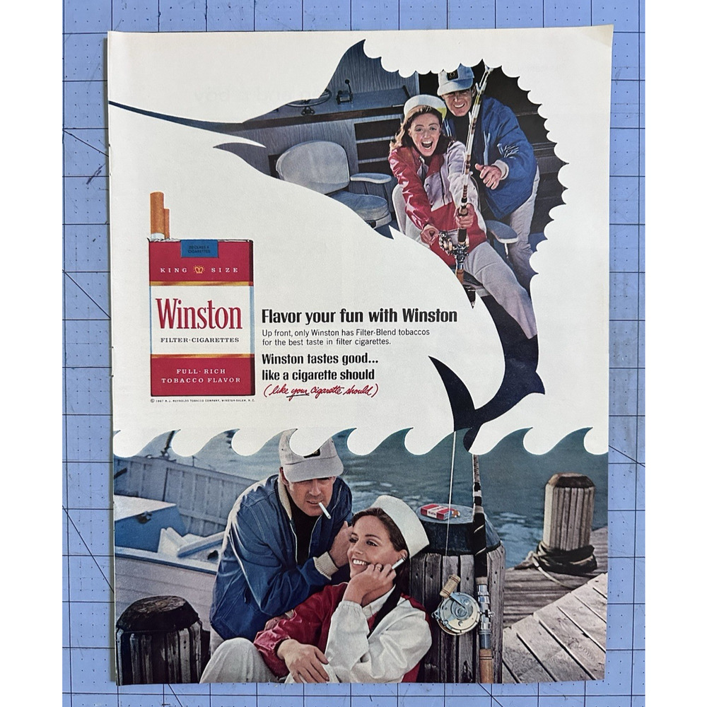 1967 Winston Cigarettes Vintage Print Ad Swordfish Fishing Couple